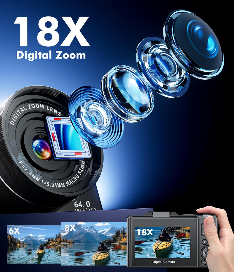 4K Digital Camera for Photography, WiFi 64MP UHD Vlogging Camera with 18X Digital Zoom, Super Wide-Angle Lens, 3" 180° Flip Screen, 32GB SD Card, Black