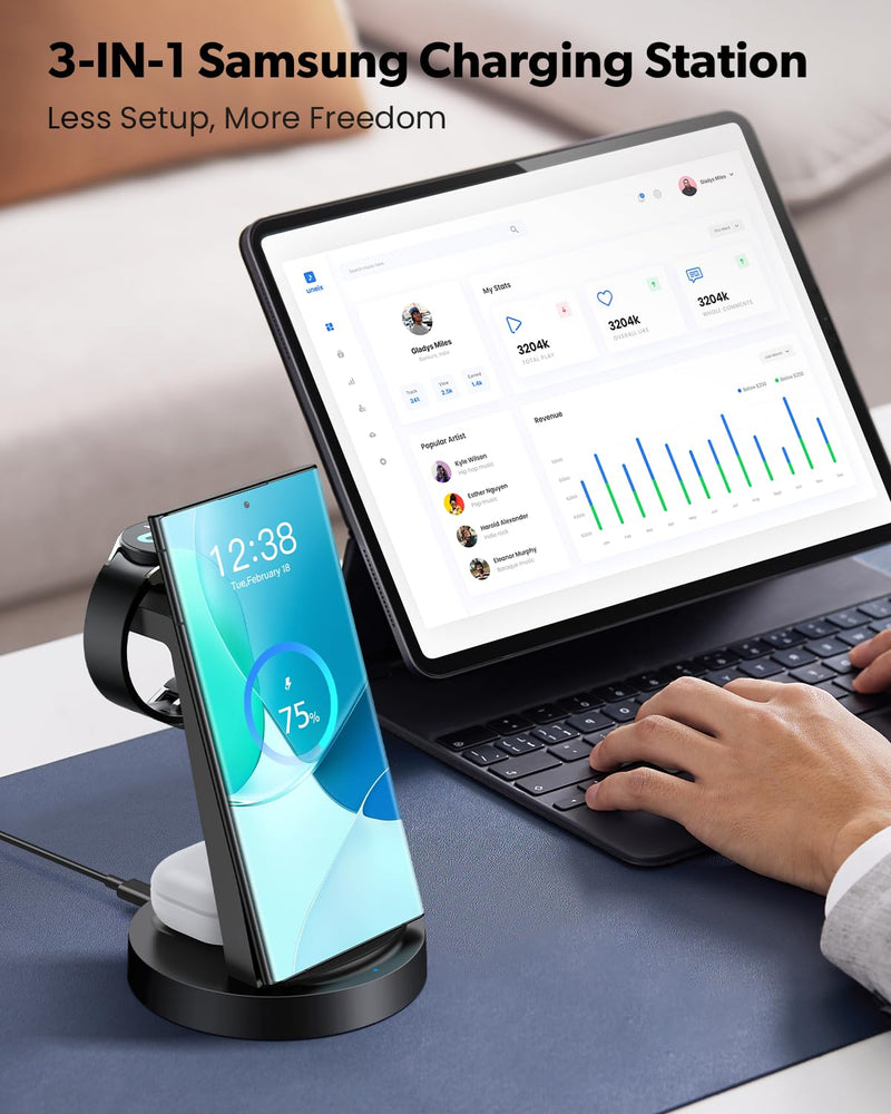 Wireless Charger for Samsung: 3 in 1 Wireless Charging Station for Samsung Galaxy Watch 6 5 4 3 Pro Classic Galaxy Buds - Charger Dock Stand for S24 Ultra S23 S22 S21 S20 Note 20 10 Z Fold Android Black