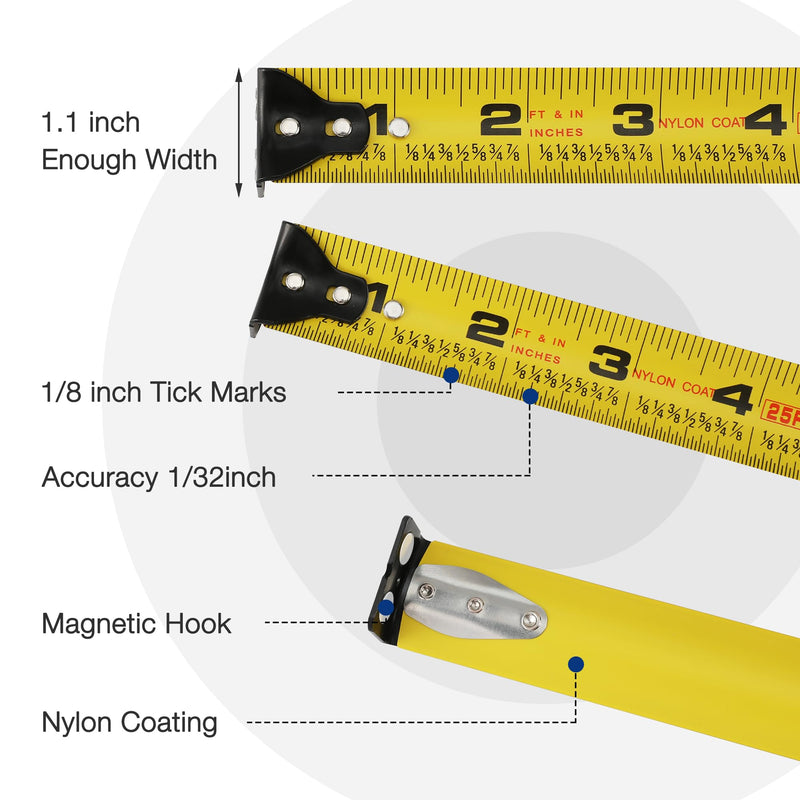 WORKPRO Heavy Duty Tape Measure, 2 Pcs 25FT Retractable Tape Measurement, Double Retract Long Stand Measuring Tape Accuracy 1/32 for Engineer, with Magnetic Hook, Belt Clip, Rubber Protective Casing Blue