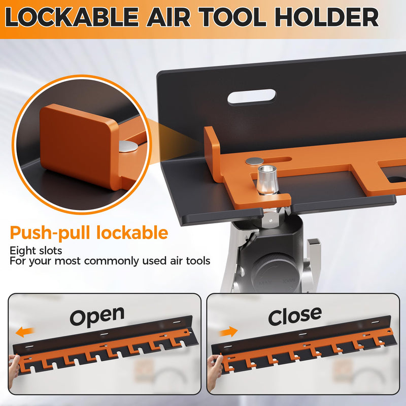 Air Tool Pneumatic Tool Holder,Wall Mount Air Tool Rack,Lockable Air Tool Hanger for Garage Shop Storage Organize,Fit 1/4" Standard Connection Accessories,Comes with Eight Slots 8 Slots Air Tool Holder