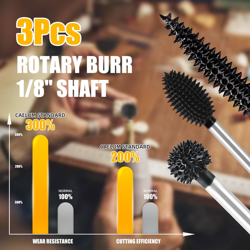 CAELUM Carbide Rotary Burr Kit, 3-Piece Wood Carving Burr Set, 1/8" Shaft Very Coarse Burrs for Fast Material Removal, Sphere Flame Taper Bits for Dremel, DeWalt Rotary Tools, Wood Rubber Plastic 3PcsFlame, Sphere, Taper