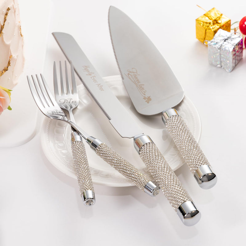 Silver Wedding Cake Knife and Server Set, Cake Cutter and Pie Server Set with Fork for Mr Mrs,Cake Cutting Set for Wedding Anniversary Engagement Birthday Silver