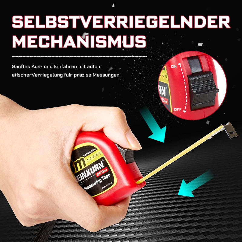 GEINXURN Set of 5 Tape Measure 3 m, ABS Plastic Housing, Steel Tape, Automatic Retraction & Lock, Robust Tape Measure with Belt Clip, Carrying Strap, Accuracy Class II for Private and Industrial 5 pieces