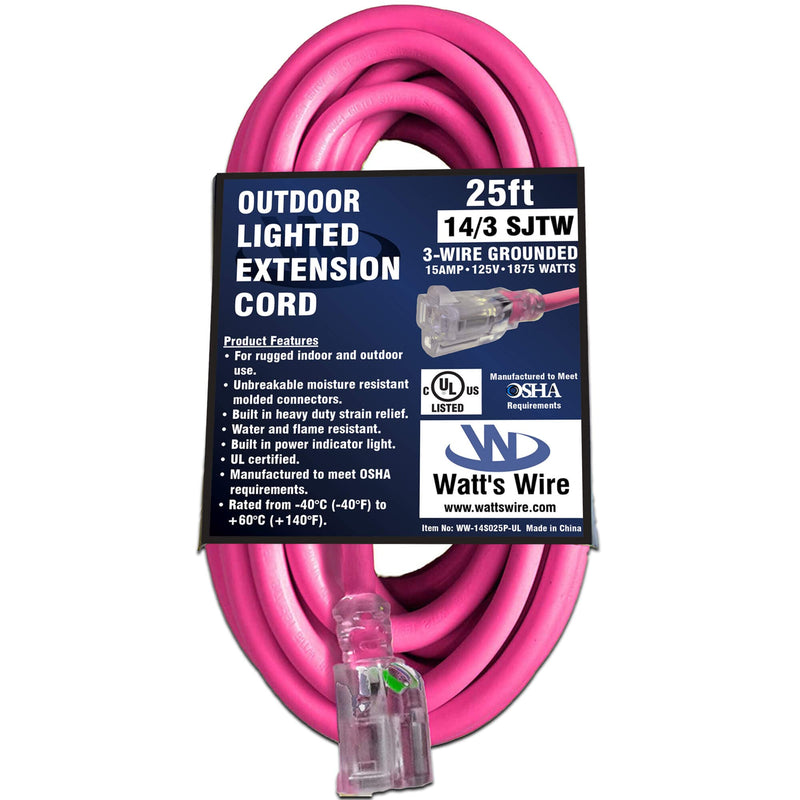 25 ft Outdoor Extension Cord Waterproof - 14 Gauge Heavy Duty Extension Cord 25 ft - Lighted Outdoor Extension Cords - Watts Wire - 25' Grounded - extensiones electricas Pink