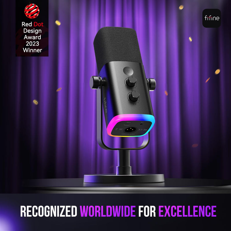 FIFINE USB/XLR Dynamic Microphone for Podcast Recording, PC Computer Gaming Streaming Mic with RGB Light, Mute Button, Headphones Jack, Desktop Stand, Vocal Mic for Singing YouTube-AmpliGame AM8 Black
