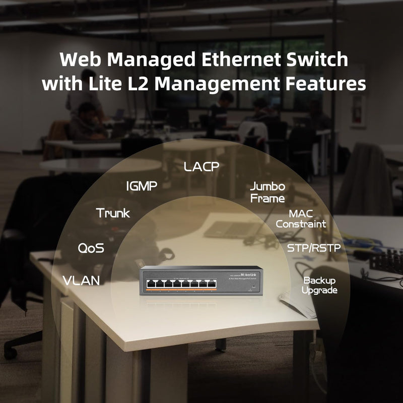 MokerLink 8 Port PoE Gigabit Managed Switch, 8x100/1000Mbps PoE+ Port, IEEE802.3af/at, 120W Power Supply, L2 Smart Web Managed, Fanless Metal Ethernet Switch 8 Gigabit PoE Managed