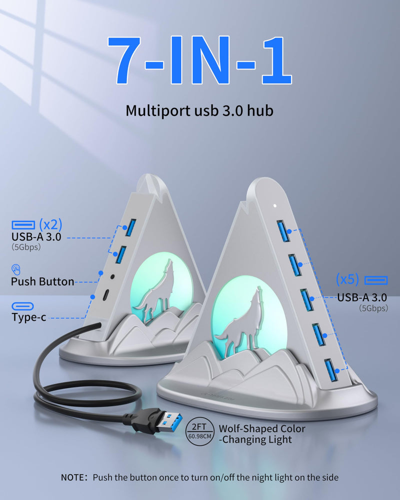 USB Hub 3.0, 7-Port USB Hub with RGB Night Light and Base, Vertical USB a Splitter for Desktop,Laptop, MacBook, Xbox, PS4/5, Game Console, Flash Drive, XPS, PC, Printer, Camera, Keyboard (Silver+Base) 2ft Silver