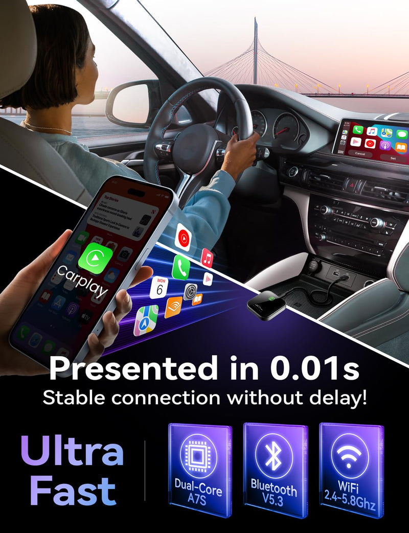 Carplay Wireless Adapter for Apple, 2024 Upgrade Stable Fast Connection for Converts Wired to Wireless carplay Dongle, Wireless Control Plug & Play Carplay for Cars from 2017+ & for iPhone iOS 10+ cosmic gray