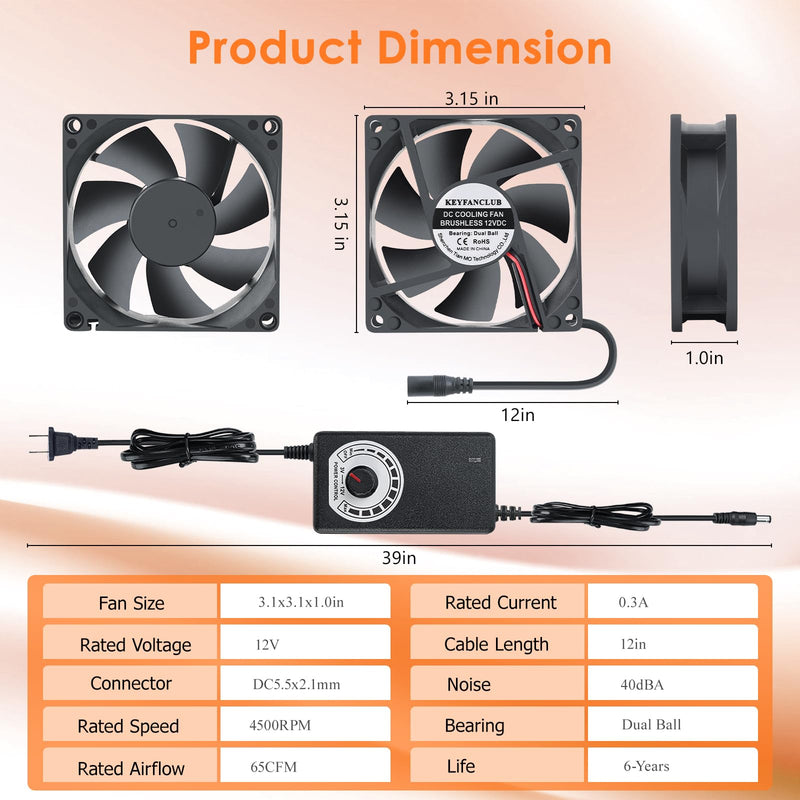 80mm Small Computer Fan with AC Plug, 110V 120V 220V 240V Fan with Speed Controller, Cooling for Gaming PC, Modem, Cabinet, Terrarium, Greenhouse 3.1x3.1x1.0in