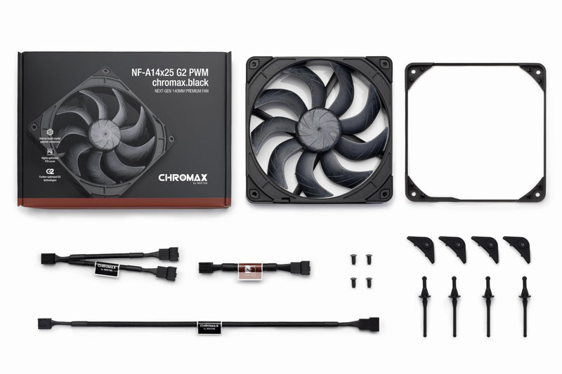 Noctua NF-A14x25 G2 PWM Chrome Max Black Quiet High Performance Fan 140 mm | High Air Flow & Jam Pressure, Low Noise, 25 mm Fan for Cooler/Radiators/Casing, Large Accessory Set, 1500RPM 4-Pin PWM