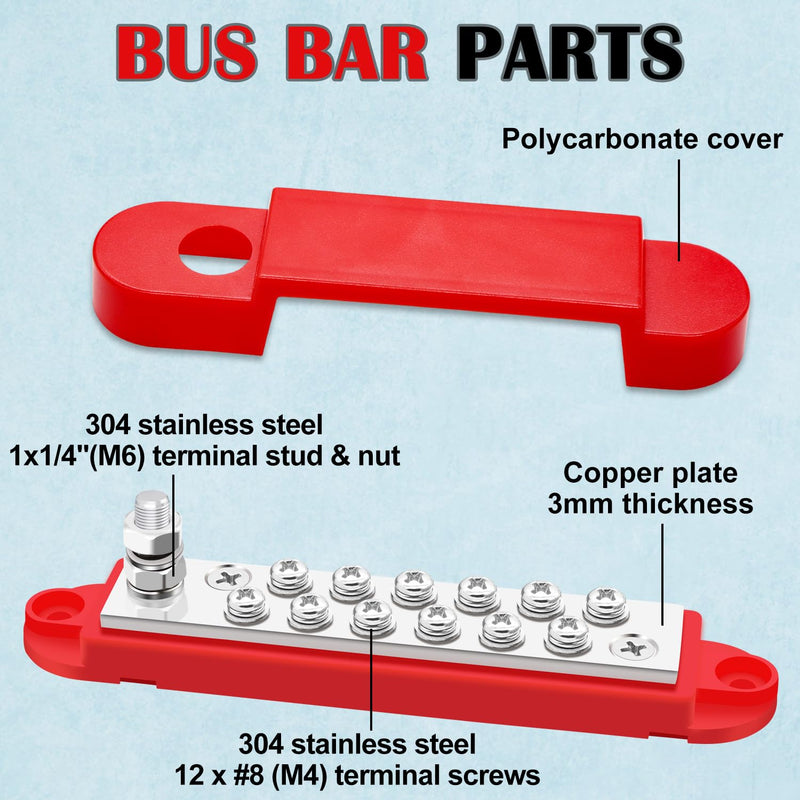 12V Power Distribution Block 150A 1/4" Stud Bus Bar Marine with 2PCS Silicone Terminal Covers, 2PCS Copper Lugs and Ring Terminals for Car and Boat (Black+Red) Q-078