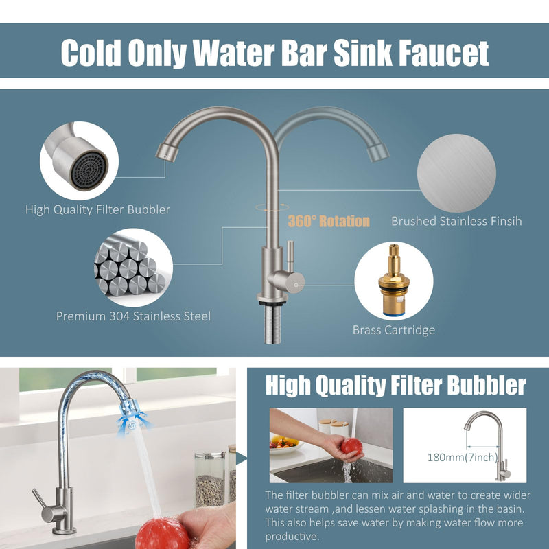 Aolemi Cold Water Only Kitchen Faucet Brushed Nickel Sink Faucet 304 Stainless Steel Faucet High Arc Single Handle