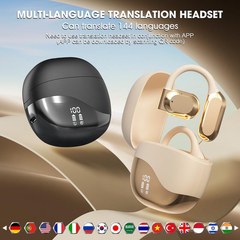 Real Time Language Translator Earbuds,Open Ear AI Translation Earbuds, 144 Languages Translator Bluetooth Earbuds, Translation Pods, Languages Translator Earbuds for iOS and Android (Black) Black