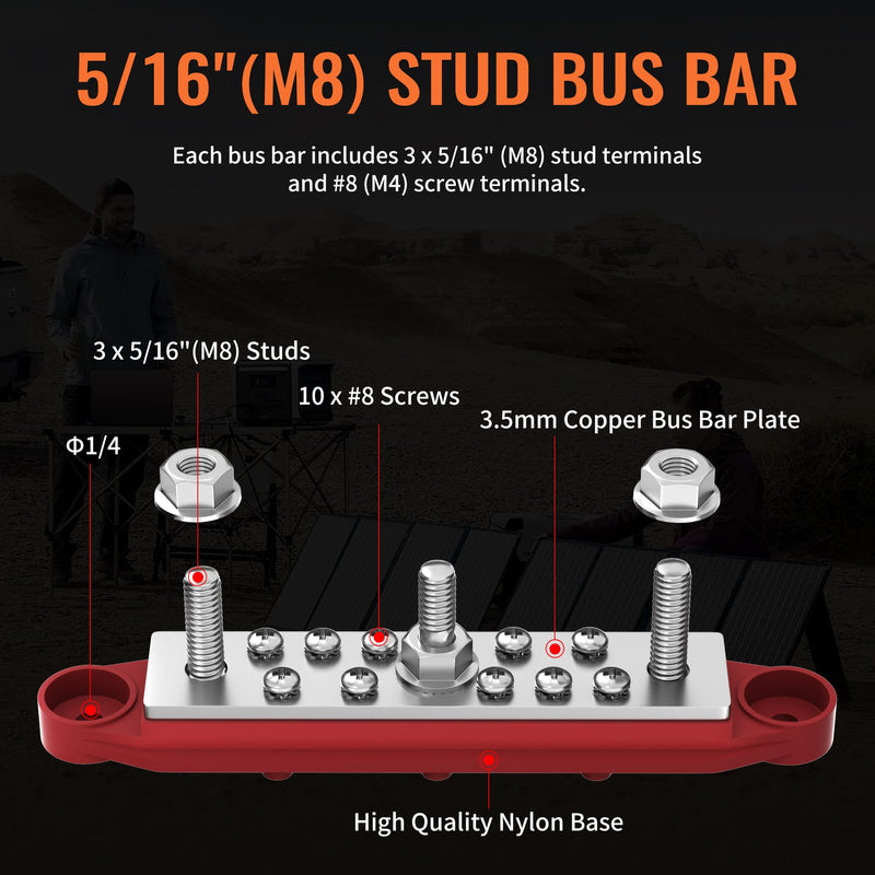 Joinfworld Power Distribution Block 12V Bus Bar 250A 5/16" Stud Marine Bus Bar Terminal Block 12 Volt DC Battery Busbar with Cover - Negative&Positive