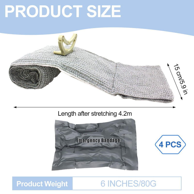 Pack of 4 Israeli Bandage, 6 Inch Hemostatic Tourniquets Elastic Bandage, First Aid Wound, Hemostatic Bandage Vacuum Pack for Indoor, Outdoor, The Perfect Choice for Your Emergency Equipment