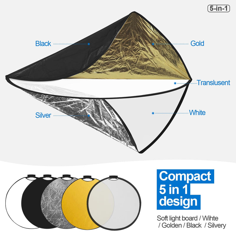 32 Inch (80cm) Photography Reflector, Collapsible Light Reflector with Bag & tilt Adapter, 5 in 1 Handle Reflector for Studio & Outdoor Lighting -Translucent, Silver, Gold, White and Black