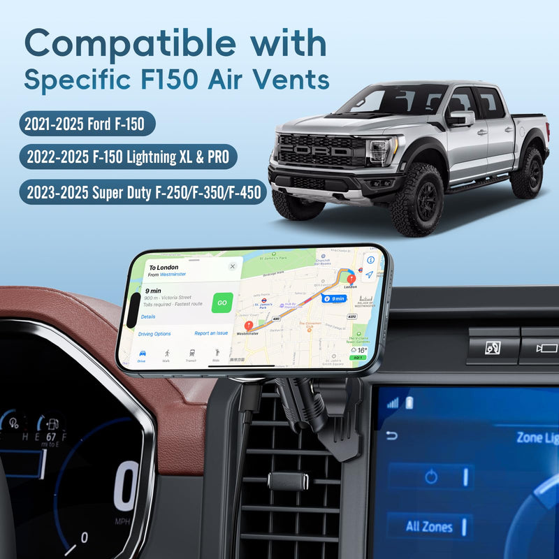 Kaishengyuan Wireless Charger Magnetic Vent Phone Mount Compatible with 2021-2025 Ford F-150, 2023-2025 Super Duty F250/F350/F450, Metal Phone Holder Cradles Bracket Stand for All Smartphone Charging-Magnetic