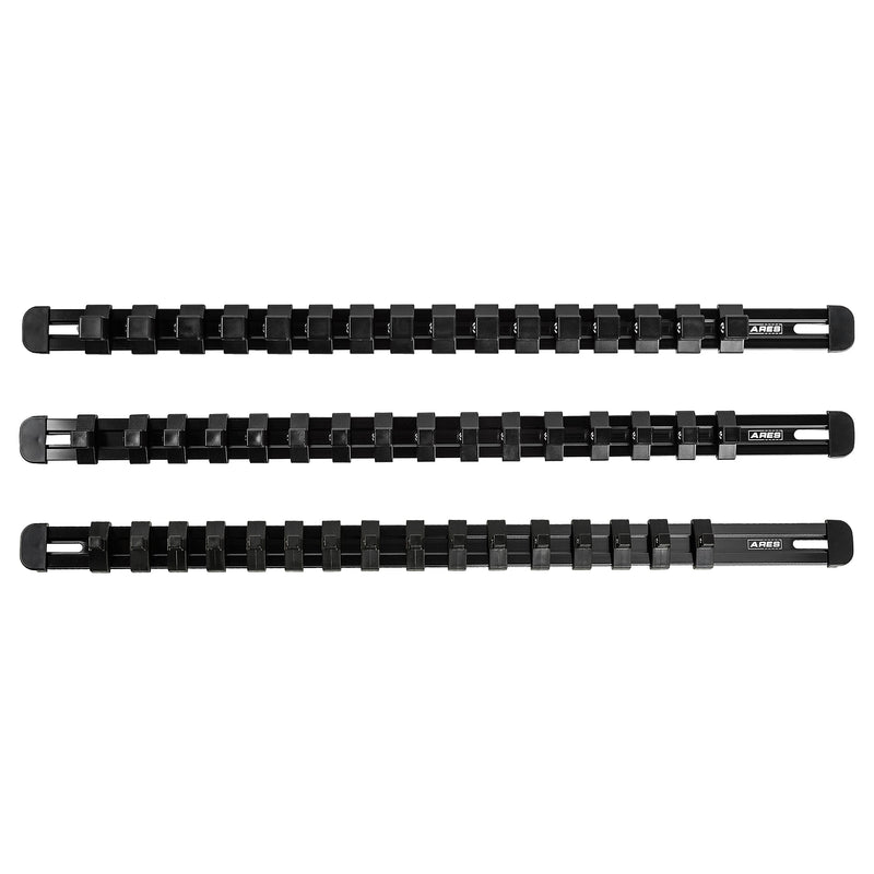 ARES 60123-3-Piece Black 17-Inch Aluminum Socket Rail Set with Locking End Caps - Includes 1/4-Inch, 3/8-Inch, and 1/2-Inch Drive Rails - Each Aluminum Rail Stores up to 16 Sockets 3-Piece Multi-Drive Set
