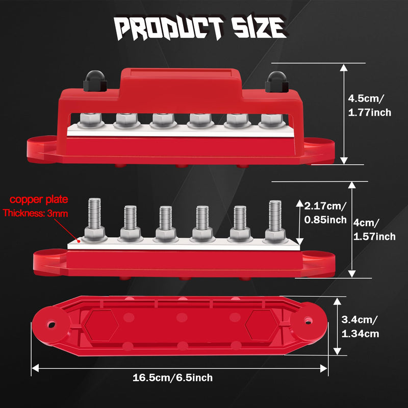 250A Bus Bar 12V Marine 6 x 1/4" (M6) Terminal Studs,12V-48V Power Distribution Block with Cover,Battery Bus Bar for Boat Automotive Car and Solar Wiring Type A
