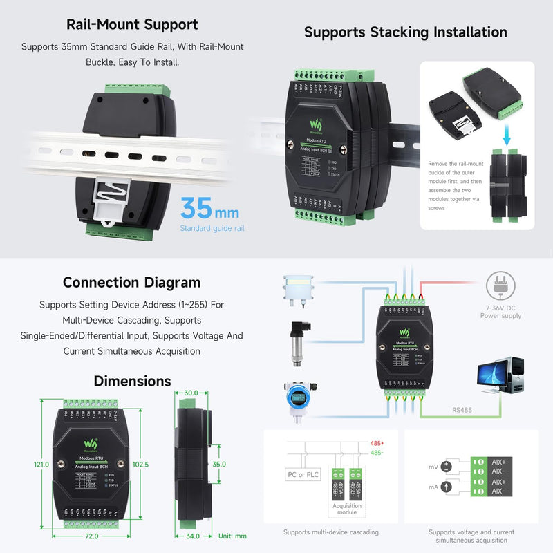 Waveshare Industrial 8-Ch Analog Acquisition Module, 12-Bit High-Precision, Supports Voltage and Current Acquisition, DC 7~36V Wide Voltage Power Supply, 8-ch Voltage Mode, 0~10V