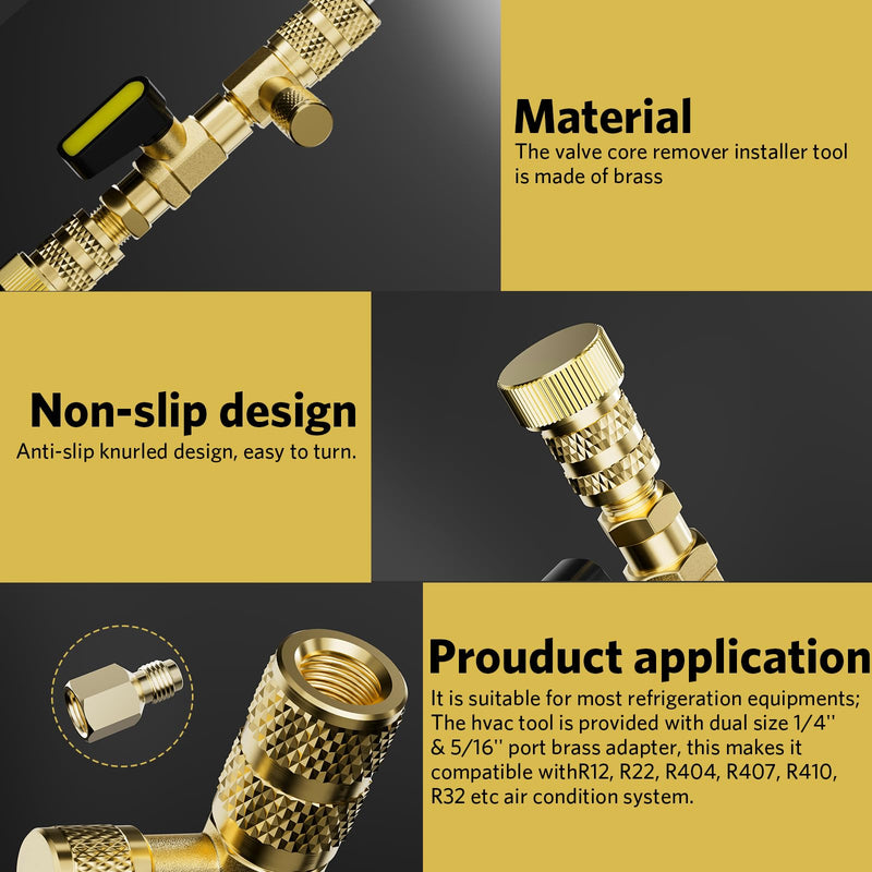 Valve Core Remover Installer Tool with Dual Size SAE 1/4 and 5/16 Port Brass Adapter, Schrader Valve Tool for R22 R410a Refrigerant Systems with 20pcs Valve Cores