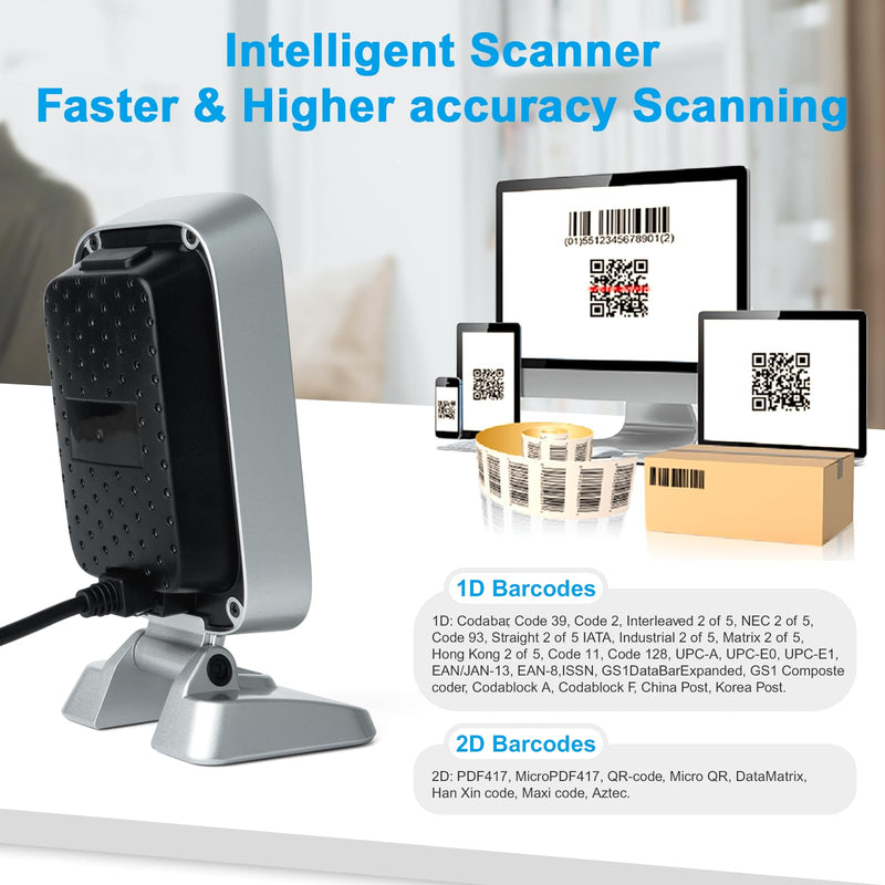 OBZ 1D 2D QR Hands-Free Barcode Scanner Omnidirectional Wired USB Desktop Barcode Reader 1D 2D PDF417 Data Matrix Image Sensing for Warehouse, Supermarket, Retail Store, Bookstore Pos System Upgrade 1D 2D Desktop Barcode Scanner-RK