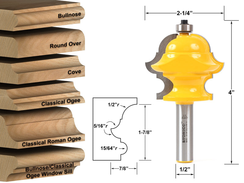 YONICO Architectural Molding Router Bits Multi Profile 1/2-Inch Shank 16155 16155 - 1-7/8" CL - 7/8" CD - 1/2" Shank