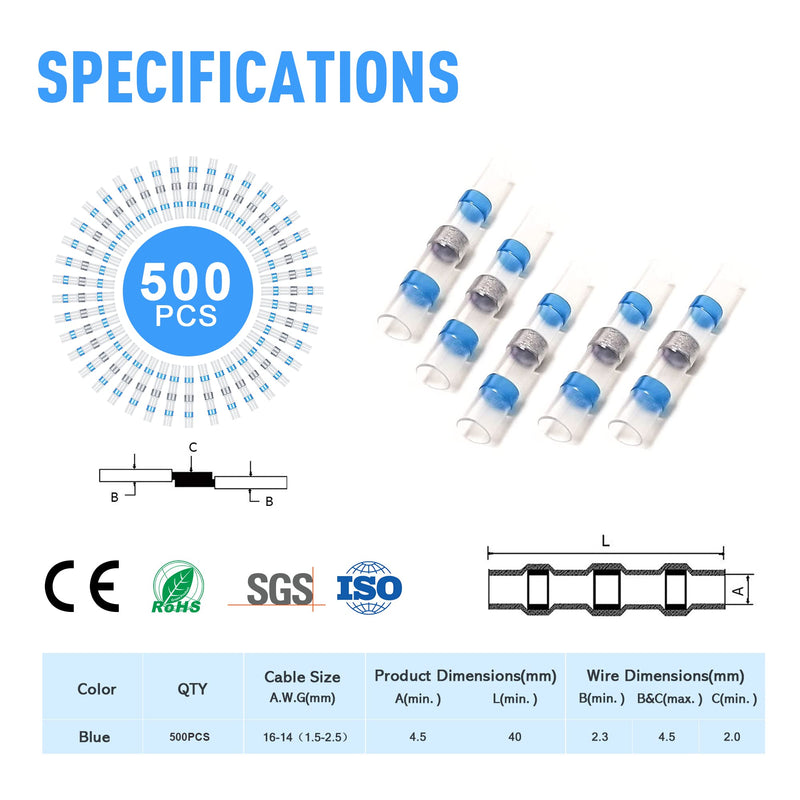 Kuject 500PCS Solder Seal Wire Connectors AWG 16-14, Blue Solder Seal Heat Shrink Butt Connectors Terminals Sleeve Waterproof Wire Splice Connector for Marine Boat Wire Joint AWG 16-14 Blue 500