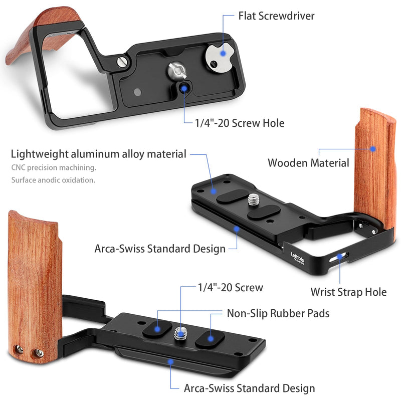 Leftfoto ZV-E10II Handgrip L-Shape Bracket with Rose Wooden Grip for Sony Alpha ZV-E10II Camera with Built-in Bottom Arca Quick Release Plate,Black Black