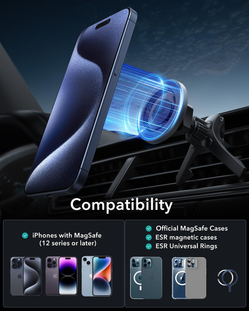 ESR for MagSafe Car Mount (HaloLock), Air Vent/Dashboard Magnetic Phone Holder for Car, Car Phone Holder Mount for iPhone 15/14/13/12, Strong Magnets, Car Accessories, Charging Not Supported, Grey