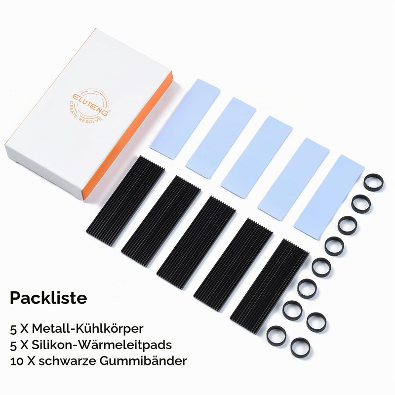 ELUTENG M2 SSD Heatsink 5-Piece Cooler Set Heatsink with Silicone Thermal Pad, 2280 NVME NGFF Aluminum M2 Heatsink Suitable for PC/PS5/PS5 Slim Installation, 73 x 33 mm x 3 mm, Black 5 pieces black