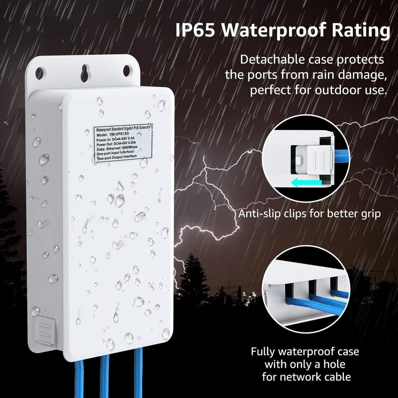 VIMIN 2-Port Outdoor PoE Gigabit Extender, 1 in 2 Out PoE Repeater with 1000Mbps, IEEE802.3af/at Compatible, IP65 Waterproof, Extend Additional 100m(328ft) of Power and Data Transmission, Plug & Play 3-Port Gigabit Extender(Outdoor)