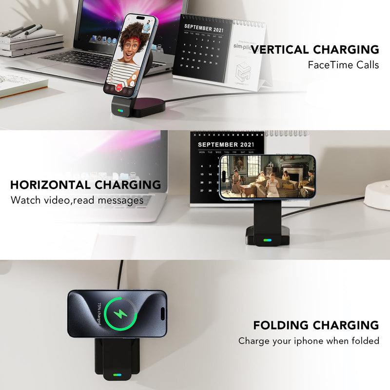3 in 1 Wireless Charging Station Compatible with Apple Devices,Foldable Magnetic Wireless Charger for iPhone 15/14/13/12,Apple Watch Ultra 2/Ultra/Seires 9/8/7/6/5/4/SE/SE 2,Air-Pods 3/Pro/2(Black) Black