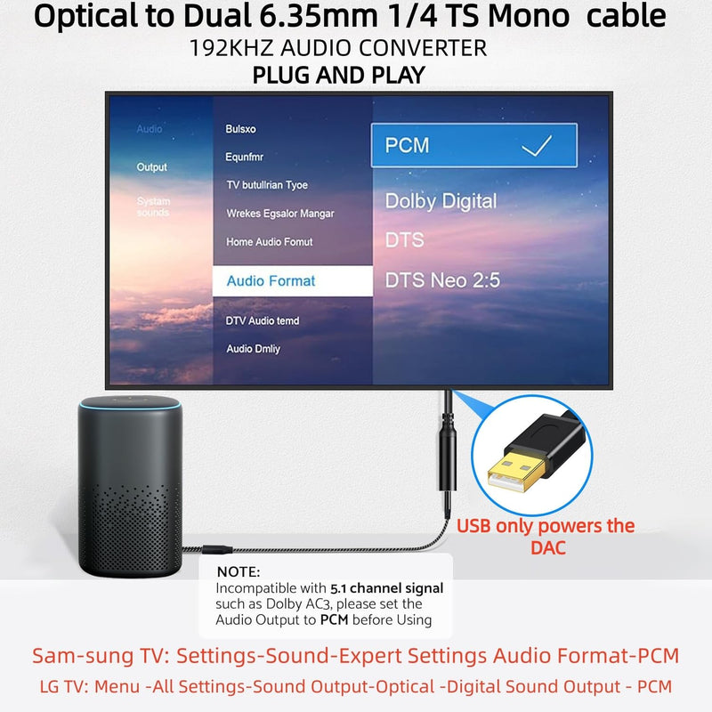 192KHz DAC Optical to Dual 6.35mm Converter,Optical Audio Cable to Dual 6.35mm 1/4" TS Mono Audio Adapter,Digital to Analog Audio Converter for HDTV,DVD,Set-top Boxes(O-ptical to 1/4" Only) Cable -6FT 6FT