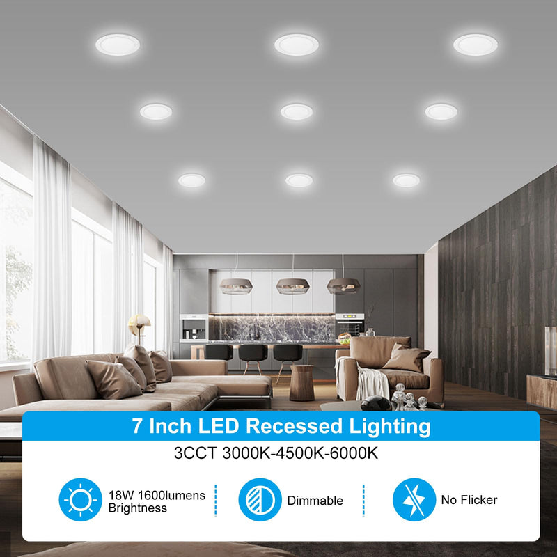 Elaruslux 2 Pack 7 Inch 3CCT Ultra-Thin LED Recessed Light with Junction Box, 3000K/4500K/6000K Selectable, 18W Eqv 125W, Dimmable Canless Downlight, 1600LM High Brightness 2-Pack