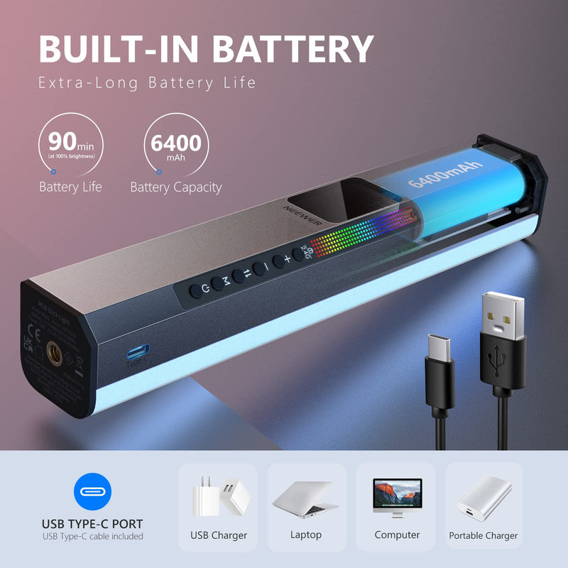 NEEWER RGB LED Video Light Stick, Touch Bar & APP Control, Magnetic Handheld Photography Lighting Wand, Dimmable 3200K~5600K CRI98+ Full Color LED Light with 6400mAh Battery, 17 Scenes, RGB1 RGB1-Silver