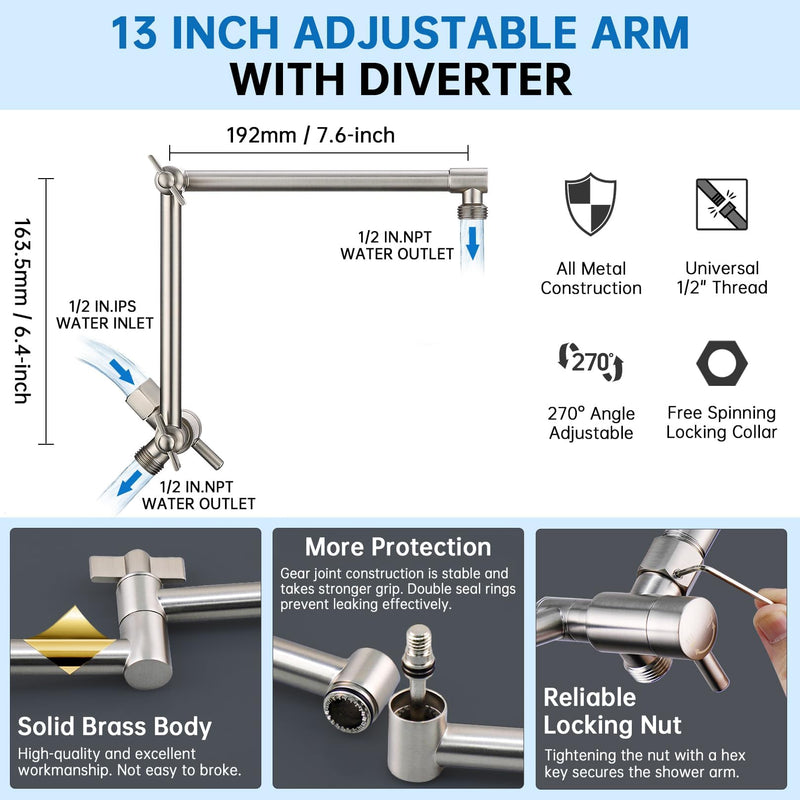 G-Promise Metal Shower Head Extension Arm with Diverter, Handheld Holder Included, G1/2 Universal Thread Rain Shower Arm, Brass Adjustable Extender with 3-Way Diverter, Brushed Nickel