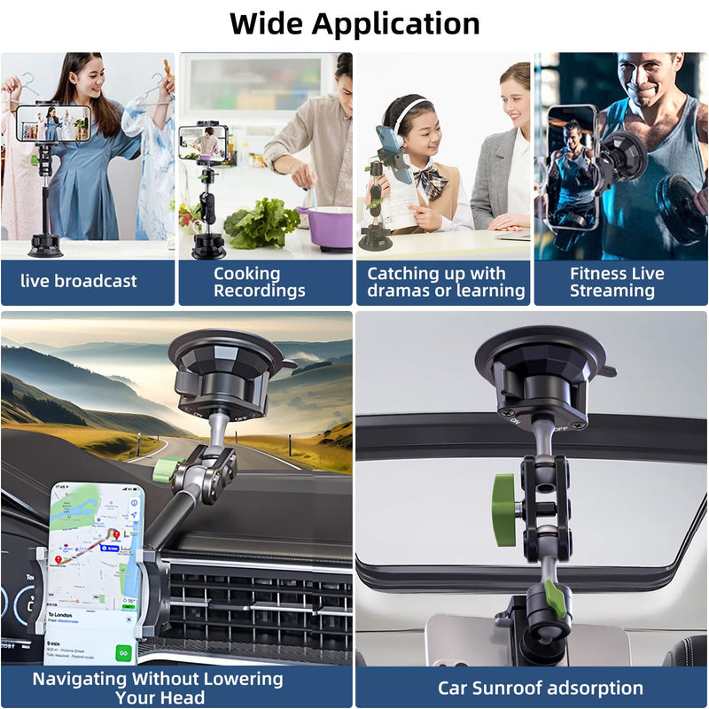 HEMMOTOP Suction Cup Car Phone Mount, 12 in Heavy Duty Metal Cell Phone Holder for Windshield, 360° Rotation Vacuum Magic Arm for iPhone All Smartphone & Cars Truck