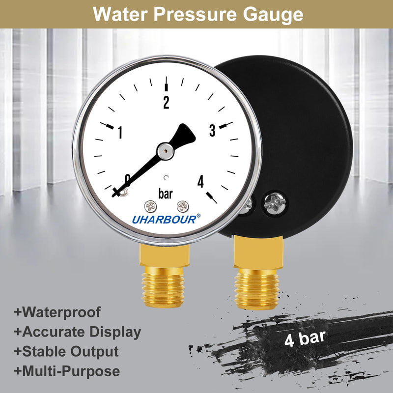UHARBOUR pressure gauge water 0-4 bar, pressure gauge 1/4 inch, pressure gauge compressed air lower bracket, compressed air pressure gauge 1/4 BSP brass connection