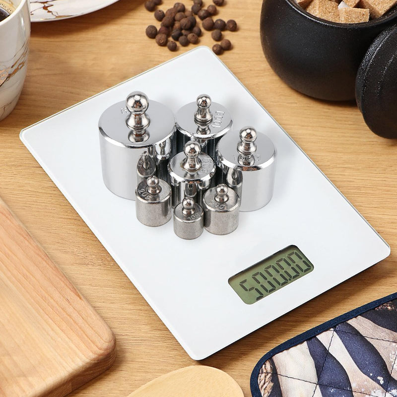 CHEUKYIU 7 pieces stainless steel calibration weights set 500g, 1 x 200g, 2 x 100g, 1 x 50g, 2 x 20g, 1 x 10g calibration weight set, with calibration weight tweezers for digital scales, laboratory, hobby