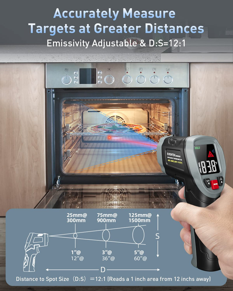 Eventek Infrared Thermometer, [3 in 1] -50°C～600°C (-58°F~1112°F), IR Pyrometer Non-Contact Digital Laser Temperature Meter with Meat Thermometer & Bag, for Kitchen/Barbecue/Industry