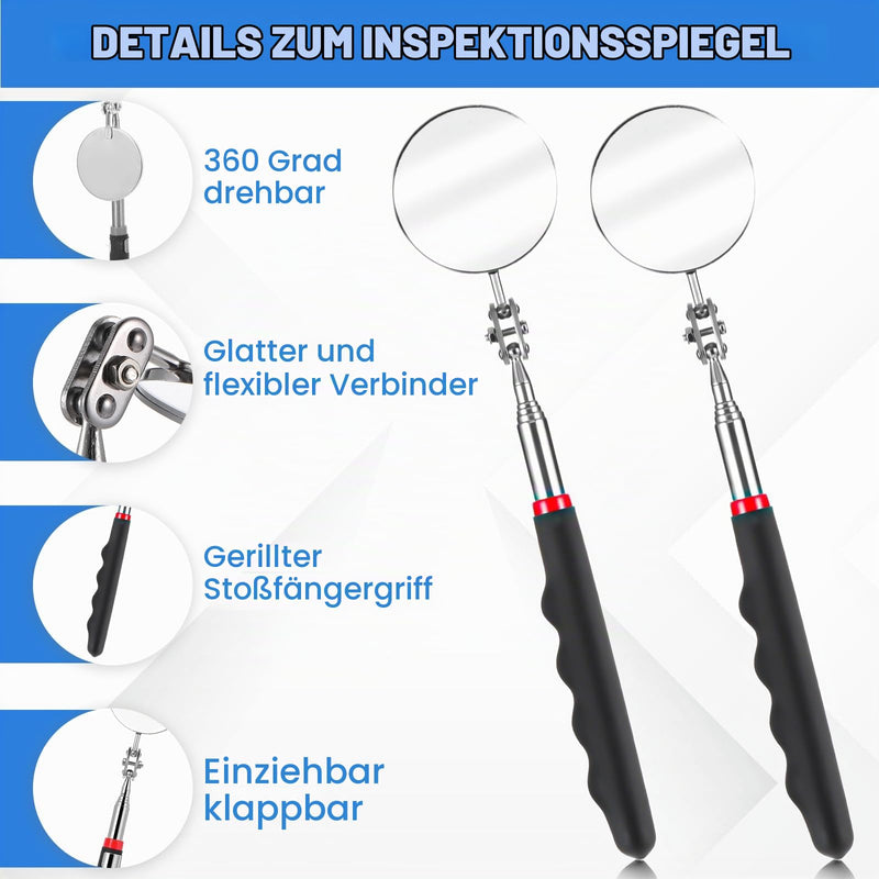 Set of 2 Telescopic Inspection Mirror Set, Round, 360 Degrees, Rotatable, Extendable Mechanical Car Mirror, Inspection Mirror Handles for Vehicle Inspections, Technicians, Tool, Geocaching Black