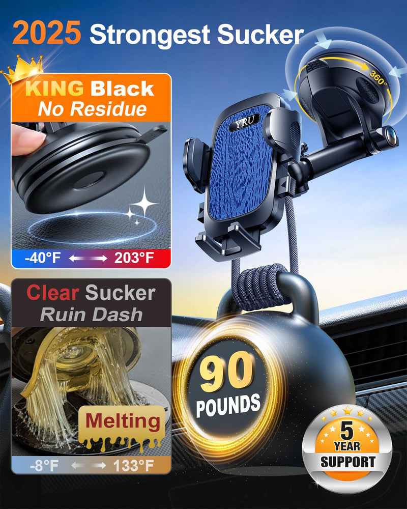 YRU True Military-Grade [360° Rotation Suction] 2025 Ultimate Car Phone Holder Mount 【90+LBS Safest Strongest & Patent Certs】 Dashboard Windshield Vent for iPhone 17 16 Pro Max Samsung, Dark Blue