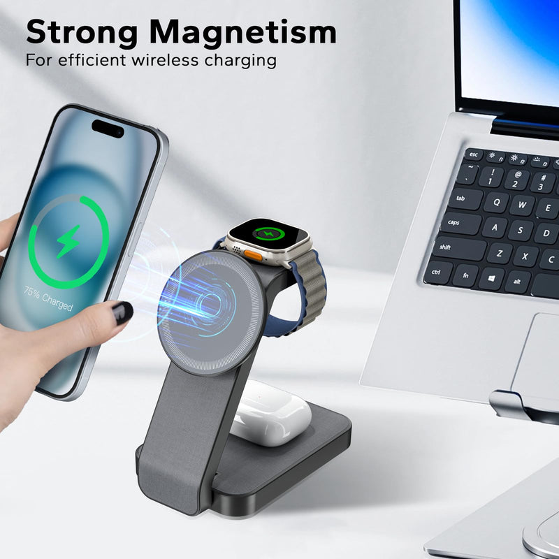 3 in 1 Foldable Wireless Charging Station for MagSafe, Travel Magnetic Charger Stand for iPhone 15 14 13 12 Pro Max, Fast Nightstand Charging Dock with Night Light for Apple Watch/AirPods