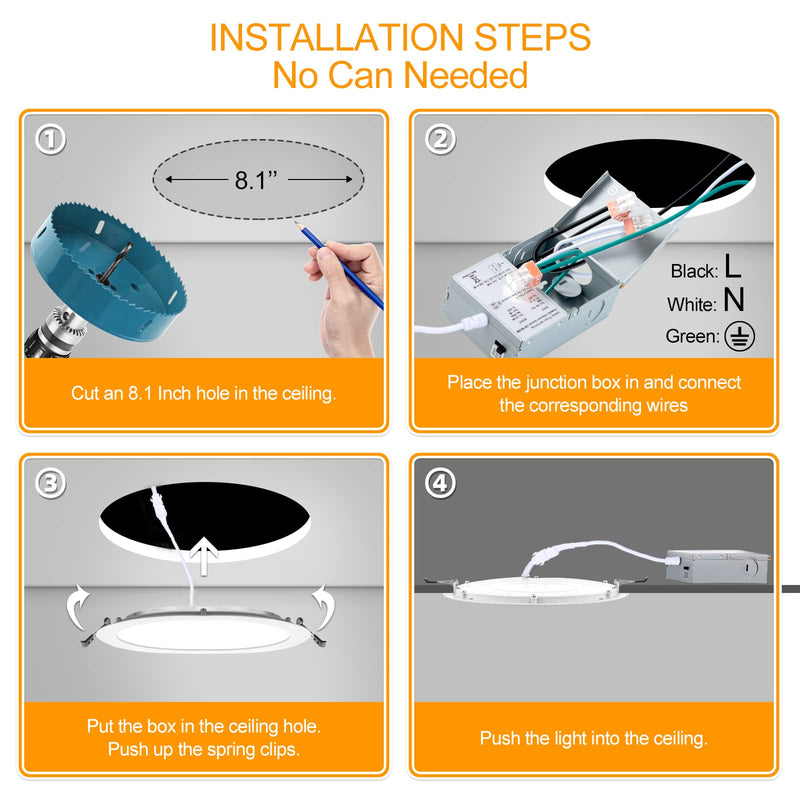 LZHOME 2 Pack 8 Inch LED Recessed Light- Ultra-Thin Recessed Ceiling Lighting with Junction Box, 3000K/4500K/6000K Selectable, 1800LM High Brightness, Dimmable Canless Downlight Fixtures 2 Packs 3CCT-3000K/4500K/6000K