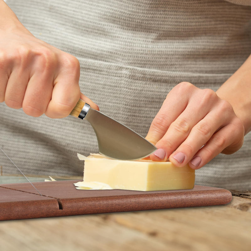 YLOLUL Replaceable Wire Cheese Slicer with Board Tightness Adjustable Cheese Slicer Wood Cheese Cutter and Cutting Board 9-1/2"x6-5/8" with 4pcs Knives Set for Block Cheese, Easy to Replace Acacia Wood
