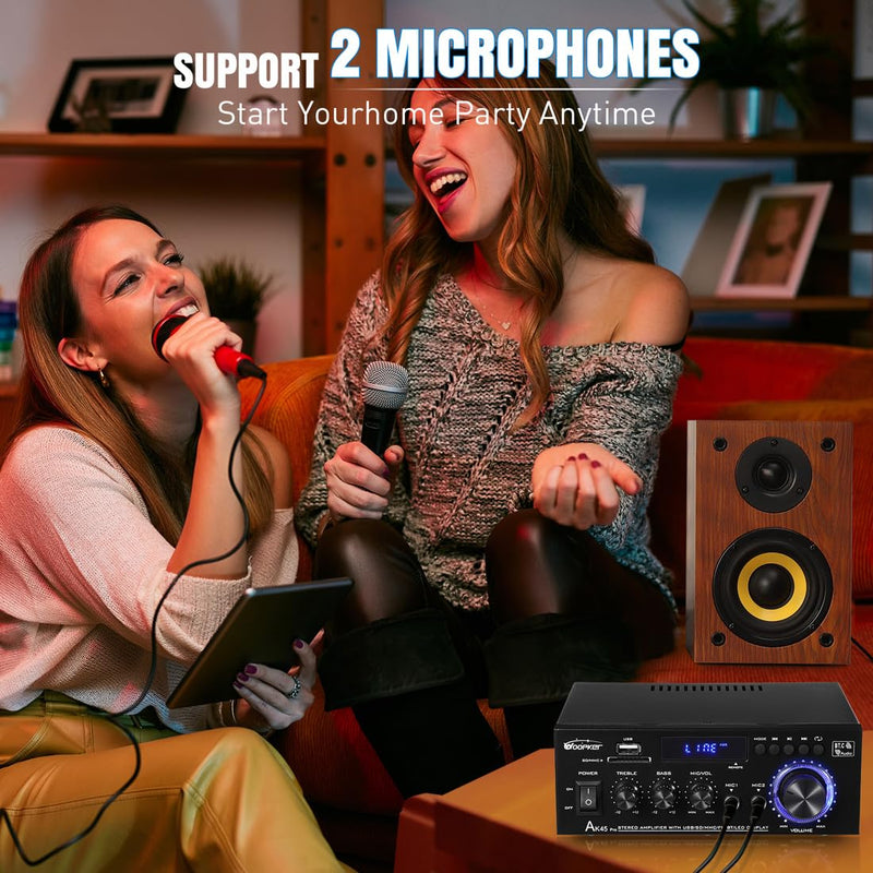 AK45 Pro Stereo Amplifier Home Audio, Stereo Receivers with Bluetooth 5.0,Max 400W, 2.0 Channel Audio Receiver for Home Theater Speakers w/USB/SD/RCA/2 MIC in for Karaok AK45 PRO