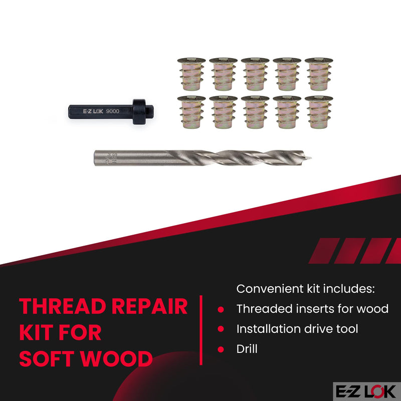 E-Z LOK E-Z Hex Thread Repair Kit for Soft Wood Flanged Threaded Inserts 1/4-20 x 13mm, Drill, Installation Tool