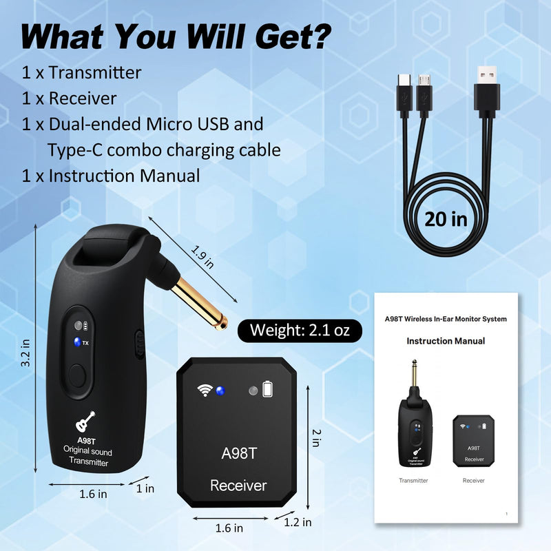 Wireless in Ear Monitor System, 2.4GHz Wireless IEM System with 270° Rotatable Transmitter, Receiver Auto-Pairing, in-Ear Monitoring for Studio, Band Rehearsal, Instrument Performance(A98T)