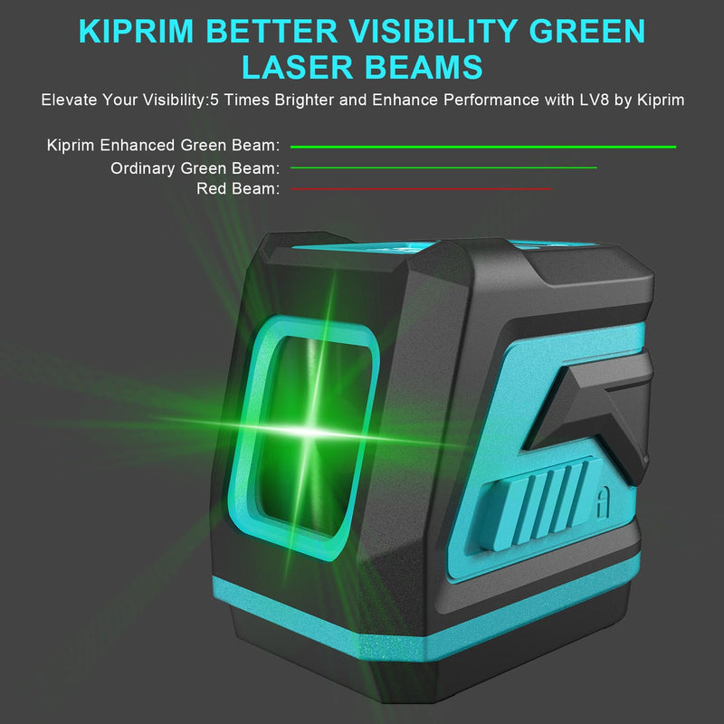 Kiprim Green Laser Level Upgraded LV8 with Enhanced Visibility,Adjustable Brightness,Manual/Self Leveling/Pulse Mode,Batteries and Carrying Pouch Included 2 Laser Beams